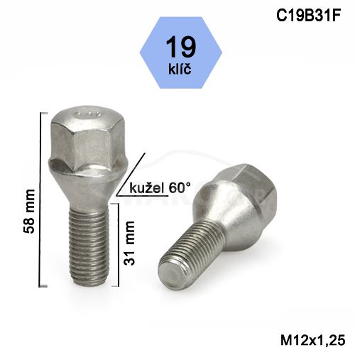 Kolový šroub M12x1,25x31 kužel, klíč 19 (C19B31-E1B05/S) výška 58mm