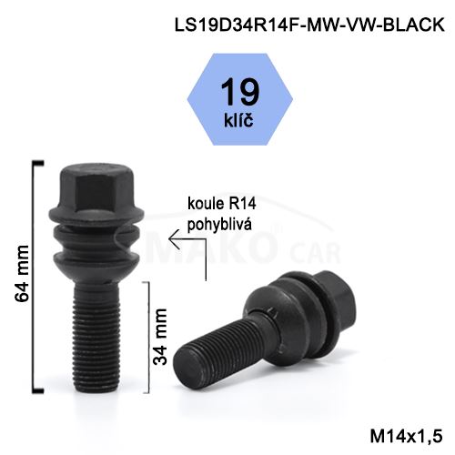Kolový šroub M14x1,5x34 kulová R14 pohyblivá, klíč 19 (S19D34R14MW-VW-BLACK) výška 64mm