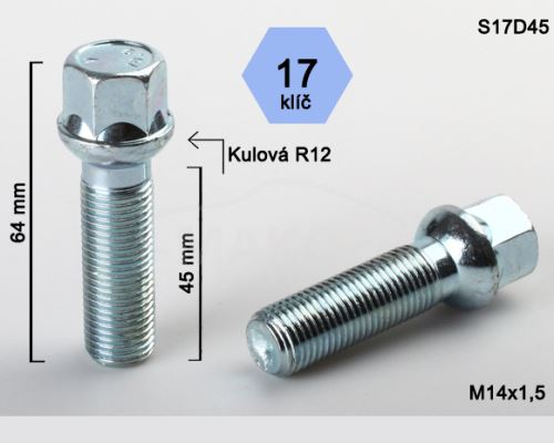 Kolový šroub M14x1,5x45 kulová R12, klíč 17 (S17D45R12)(B556) výška 64mm (3433)