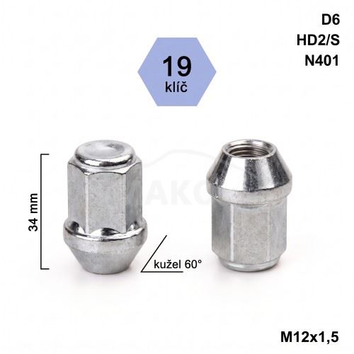 Kolová matice M12x1,5 kužel zavřená, klíč 19 (D6)(HD2/S)(N401) výška 34mm (8180)