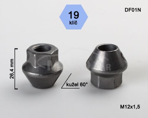 Kolová matice M12x1,5 kužel velký, otevřená, klíč 19 (DF01N) FORD, výška 26,4mm (8204)
