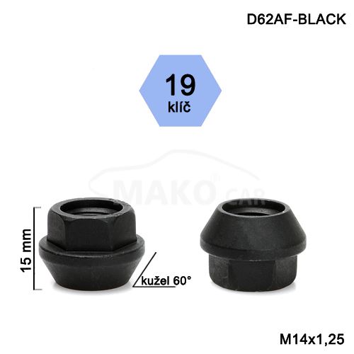 Kolová matice M14x1,5 kužel otevřená, klíč 19 (D62-BLACK-DE25/S) výška 15mm