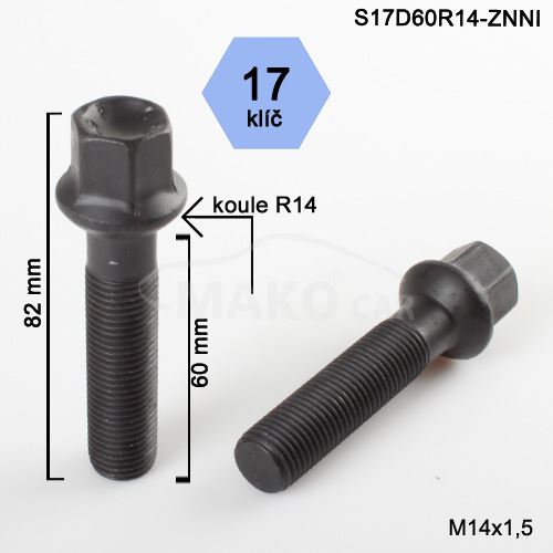 Kolový šroub M14x1,5x60 kulová R14, klíč 17 (S17D60R14-BLACK-SZ9M) výška 82mm