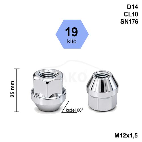 Kolová matice M12x1,5 kužel otevřená, klíč 19 (DGM02-D14CL10)(SN176) výška 25mm (8206)