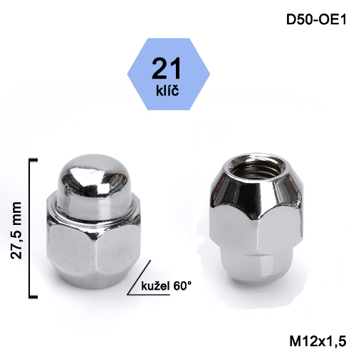 Kolová matice M12x1,5 kužel zavřená chromová, klíč 21 (D50-OE1) výška 27,5mm