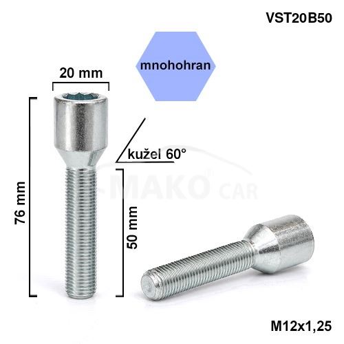 Kolový šroub M12x1,25x50 kužel, vnitřní mnohohran (VST20B50) výška 76mm (8274)