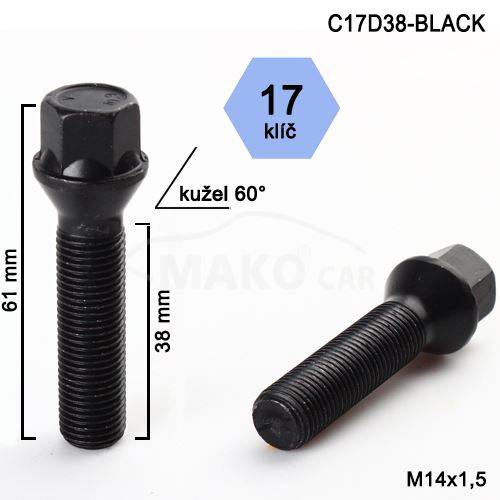 Kolový šroub M14x1,5x38 kužel, klíč 17 (C17D38-BLACK)(M1415KE38W) výška 61mm