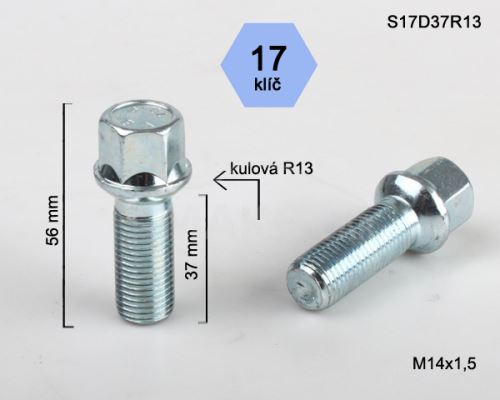 Kolový šroub M14x1,5x37 kulová R13, klíč 17 (S17D37R13)(M1415KU37S) výška 56mm (8023)