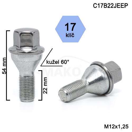 Kolový šroub M12x1,25x22 kužel, klíč 17 (C17B22JEEP-A1C1/S) nerez krytka, výška 54 mm