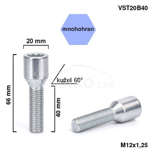 Kolový šroub M12x1,25x40 kužel, vnitřní mnohohran (VST20B40) výška 66mm (5842)