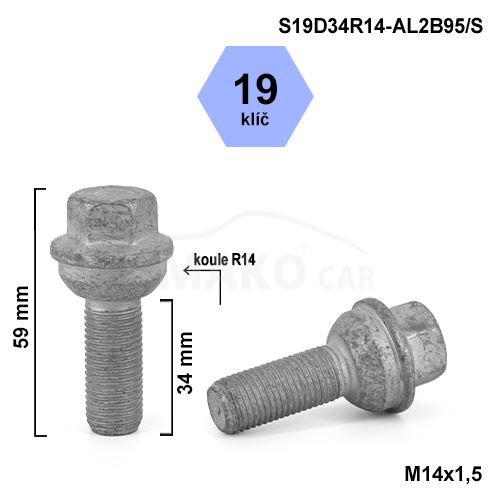 Kolový šroub M14x1,5x34 kulová R14, klíč 19 (S19D34R14-AL2B95/S) výška 59mm (1)