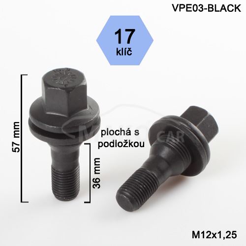 Kolový šroub M12x1,25x36 plochá podložka,  klíč 17 (VPE03-BLACK-CP1/S) PEUGEOT, výška 57mm
