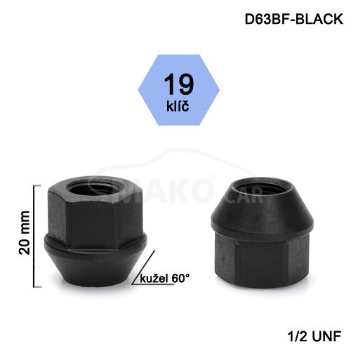 Kolová matice 1/2 UNF kužel otevřená, klíč 19 (D22-BLACK-DE34/S) výška 21mm