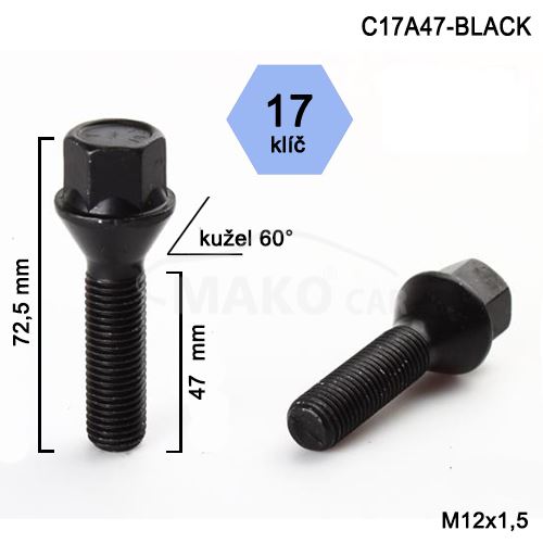 Kolový šroub M12x1,5x47 kužel, klíč 17 (C17A47-BLACK)(M1215KE47W) výška 72,5mm