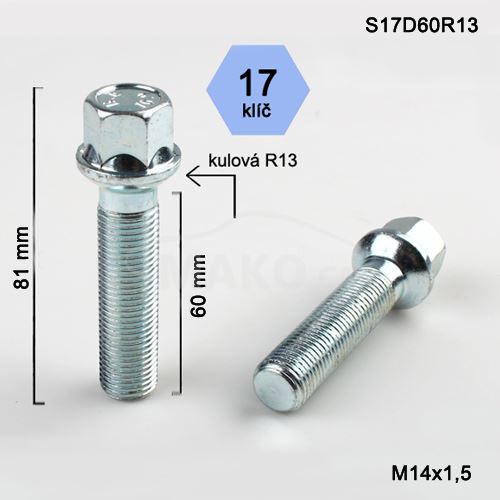 Kolový šroub M14x1,5x60 kulová R13, klíč 17 (S17D60R13-B1136) výška 81mm