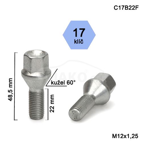 Kolový šroub M12x1,25x22 kužel, klíč 17 (C17B22-A1BV2/S) výška 48,5mm